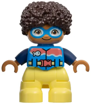 47205PB106:  Duplo Figure Lego Ville, Child Boy, Bright Light Yellow Legs, Dark Azure Vest and Goggles, Dark Blue Arms, Dark Brown Hair (6449847)