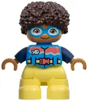 Minifigurka: 47205PB106:  Duplo Figure Lego Ville, Child Boy, Bright Light Yellow Legs, Dark Azure Vest and Goggles, Dark Blue Arms, Dark Brown Hair (6449847)