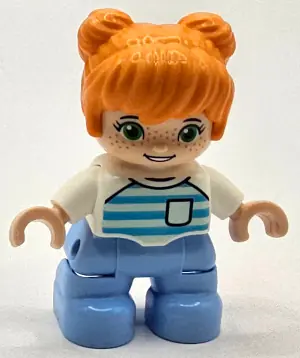 47205PB107:  Duplo Figure Lego Ville, Child Girl, Bright Light Blue Legs, Orange Hair, Medium Azure and Light Aqua Striped Shirt, Green Eyes, Freckles, White Arms (6453163)