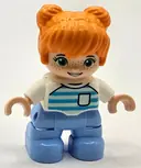 Minifigurka: 47205PB107:  Duplo Figure Lego Ville, Child Girl, Bright Light Blue Legs, Orange Hair, Medium Azure and Light Aqua Striped Shirt, Green Eyes, Freckles, White Arms (6453163)