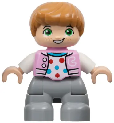 47205PB109:  Duplo Figure Lego Ville, Child Boy, Light Bluish Gray Legs, Bright Pink Jacket with Capital Letter C, Polka Dot Shirt, Medium Nougat Hair (6446171)