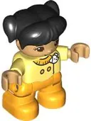 Minifigurka: 47205PB110:  Duplo Figure Lego Ville, Child Girl, Bright Light Orange Legs, Bright Light Yellow Top with White Dog Head, Black Hair with Pigtails (6444088)