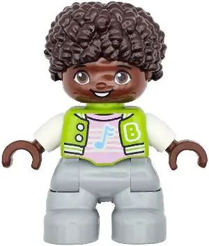 47205PB111:  Duplo Figure Lego Ville, Child Boy, Light Bluish Gray Legs, Lime Jacket with White Sleeves, Bright Pink Shirt, Dark Brown Hair (6469554)