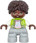 Minifigurka: 47205PB111:  Duplo Figure Lego Ville, Child Boy, Light Bluish Gray Legs, Lime Jacket with White Sleeves, Bright Pink Shirt, Dark Brown Hair (6469554)