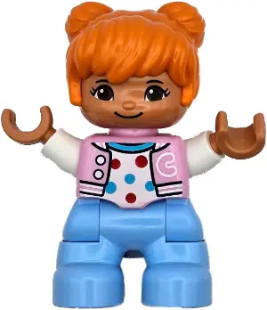 47205PB112:  Duplo Figure Lego Ville, Child Girl, Bright Light Blue Legs, Bright Pink Jacket with Capital Letter C, Polka Dot Shirt, Orange Hair (6469539)