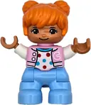 Minifigurka: 47205PB112:  Duplo Figure Lego Ville, Child Girl, Bright Light Blue Legs, Bright Pink Jacket with Capital Letter C, Polka Dot Shirt, Orange Hair (6469539)