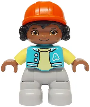 47205PB113:  Duplo Figure Lego Ville, Child Girl, Light Bluish Gray Legs, Medium Azure Jacket with Capital Letter A and Buttons, Black Hair, Reddish Orange Riding Helmet (6474068)