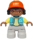 Minifigurka: 47205PB113:  Duplo Figure Lego Ville, Child Girl, Light Bluish Gray Legs, Medium Azure Jacket with Capital Letter A and Buttons, Black Hair, Reddish Orange Riding Helmet (6474068)