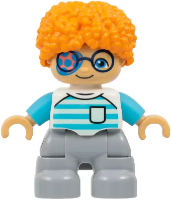47205PB121:  Duplo Figure Lego Ville, Child Boy, Light Bluish Gray Legs, White Shirt with Light Aqua and Medium Azure Stripes, Dark Blue Glasses, Coral and Dark Azure Eye Patch, Orange Hair (6533350)
