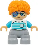 Minifigurka: 47205PB121:  Duplo Figure Lego Ville, Child Boy, Light Bluish Gray Legs, White Shirt with Light Aqua and Medium Azure Stripes, Dark Blue Glasses, Coral and Dark Azure Eye Patch, Orange Hair (6533350)
