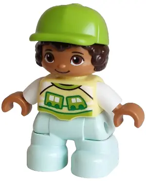 47205PB125:  Duplo Figure Lego Ville, Child Boy, Light Aqua Legs, Bright Light Yellow Shirt with Train Pattern, Dark Brown Hair, Lime Cap (6488925)