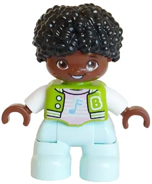 47205PB126:  Duplo Figure Lego Ville, Child Boy, Light Aqua Legs, Lime Jacket over Bright Pink Shirt, White Letter B Outline, Buttons and Stripes, Bright Light Blue Music Note Pattern, Black Hair (6491580)