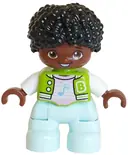 Minifigurka: 47205PB126:  Duplo Figure Lego Ville, Child Boy, Light Aqua Legs, Lime Jacket over Bright Pink Shirt, White Letter B Outline, Buttons and Stripes, Bright Light Blue Music Note Pattern, Black Hair (6491580)
