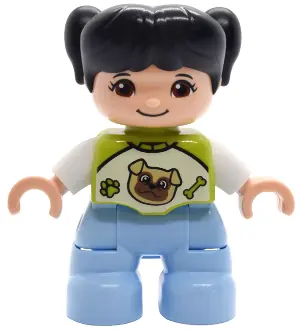47205PB127:  Duplo Figure Lego Ville, Child Girl, Bright Light Blue Legs, Lime Top with Pug Dog Pattern, Black Hair with Pigtails (6527696)