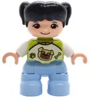 Minifigurka: 47205PB127:  Duplo Figure Lego Ville, Child Girl, Bright Light Blue Legs, Lime Top with Pug Dog Pattern, Black Hair with Pigtails (6527696)