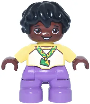 47205PB130:  Duplo Figure Lego Ville, Child Boy, Medium Lavender Legs, Bright Light Yellow and White Top Baseball T-Shirt, Sunflower ID Badge on Lanyard Pattern, Black Hair (6544013)