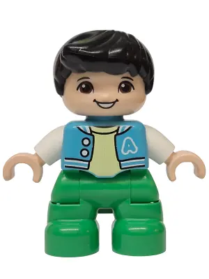 47205PB131:  Duplo Figure Lego Ville, Child Boy, Bright Green Legs, Medium Azure Jacket with Capital Letter A and Buttons, Black Hair (6590637)
