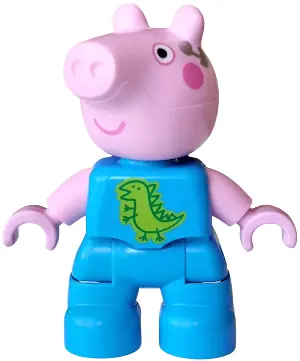 47205PB134:  Duplo Figure Lego Ville, George Pig - Dark Azure Outfit with Green Dinosaur Outline on Lime Background, Silver Earpiece Pattern (6601057)