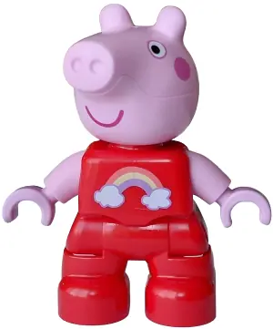 47205PB135:  Duplo Figure Lego Ville, Peppa Pig - Red Outfit with Coral, Bright Light Yellow and Medium Lavender Rainbow, White Clouds Pattern (6601118)