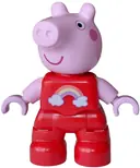 Minifigurka: 47205PB135:  Duplo Figure Lego Ville, Peppa Pig - Red Outfit with Coral, Bright Light Yellow and Medium Lavender Rainbow, White Clouds Pattern (6601118)