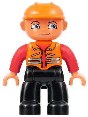 47394PB001:  Duplo Figure Lego Ville, Male, Black Legs, Orange Vest, Orange Construction Helmet