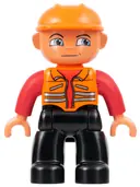 Minifigurka: 47394PB001:  Duplo Figure Lego Ville, Male, Black Legs, Orange Vest, Orange Construction Helmet