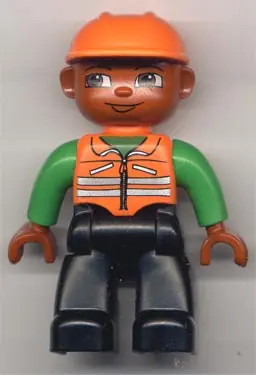 47394PB002:  Duplo Figure Lego Ville, Male, Black Legs, Orange Vest with Green Arms, Orange Construction Helmet