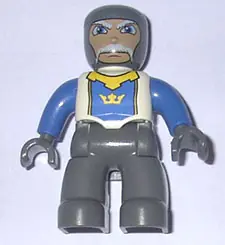 47394PB007:  Duplo Figure Lego Ville, Male Castle, Dark Bluish Gray Legs, White Chest, Blue Arms, Dark Bluish Gray Hands