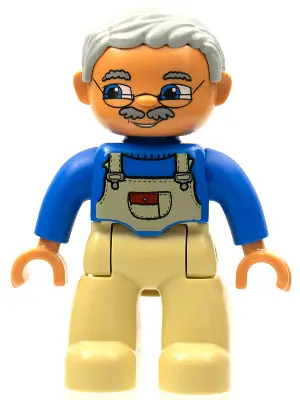 47394PB011B:  Duplo Figure Lego Ville, Male, Tan Legs, Blue Top with Tan Overalls Bib, Glasses, Light Bluish Gray Hair
