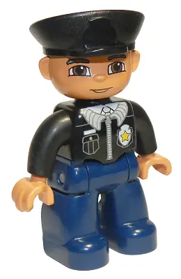 47394PB016:  Duplo Figure Lego Ville, Male Police, Black Hat, Light Nougat Head and Hands, Brown Eyes, Black Shirt with Badge, Dark Blue Legs