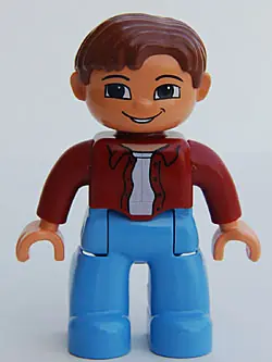47394PB019:  Duplo Figure Lego Ville, Male, Medium Blue Legs, Dark Red Top, Reddish Brown Hair, Blue Eyes
