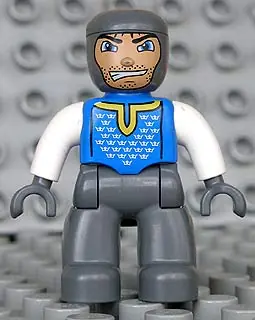 47394PB020:  Duplo Figure Lego Ville, Male Castle, Dark Bluish Gray Legs, Blue Chest, White Arms, Dark Bluish Gray Hands (4265816)