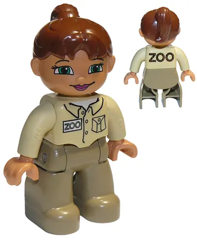 47394PB021:  Duplo Figure Lego Ville, Female, Dark Tan Legs, Tan Top, Reddish Brown Ponytail Hair, Green Eyes (Zoo Keeper)