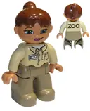 Minifigurka: 47394PB021:  Duplo Figure Lego Ville, Female, Dark Tan Legs, Tan Top, Reddish Brown Ponytail Hair, Green Eyes (Zoo Keeper)