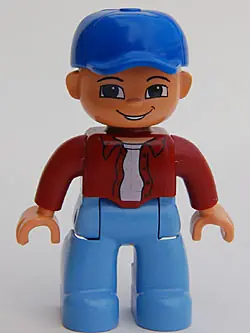 47394PB022:  Duplo Figure Lego Ville, Male, Medium Blue Legs, Dark Red Top, Blue Baseball Cap