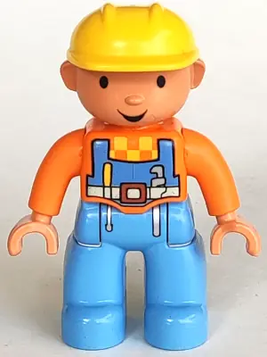47394PB029:  Duplo Figure Lego Ville, Male, Medium Blue Legs, Orange Top with Overalls, Yellow Construction Helmet (Bob the Builder)