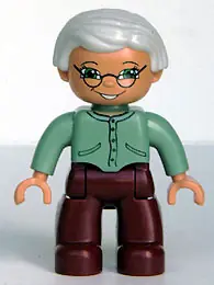 47394PB030:  Duplo Figure Lego Ville, Female, Dark Red Legs, Sand Green Sweater, Very Light Gray Hair, Green Eyes, Glasses (4208136)