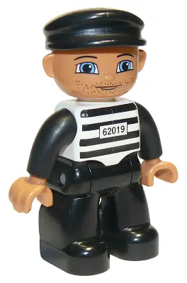 47394PB035:  Duplo Figure Lego Ville, Male Prisoner, Black Cap, Light Nougat Head and Hands, Black and White Striped Shirt with '62019', Black Legs