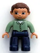 Minifigurka: 47394PB036:  Duplo Figure Lego Ville, Male, Dark Blue Legs, Sand Green Top with Buttons, Reddish Brown Hair, Brown Eyes