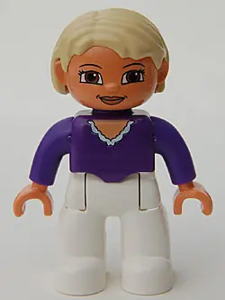 47394PB037:  Duplo Figure Lego Ville, Female, White Legs, Dark Purple Top, Tan Hair, Brown Eyes