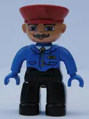Minifigurka: 47394PB038:  Duplo Figure Lego Ville, Male, Black Legs, Blue Jacket with Tie, Red Hat, Curly Moustache (Train Conductor)