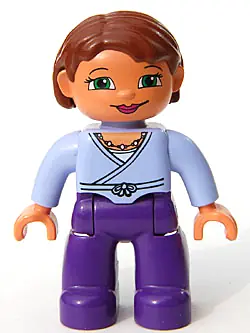 47394PB039:  Duplo Figure Lego Ville, Female, Dark Purple Legs, Light Lilac Wrap Top with Necklace, Nougat Hands, Reddish Brown Hair, Green Eyes