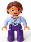 Minifigurka: 47394PB039:  Duplo Figure Lego Ville, Female, Dark Purple Legs, Light Lilac Wrap Top with Necklace, Nougat Hands, Reddish Brown Hair, Green Eyes