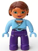 Minifigurka: 47394PB040:  Duplo Figure Lego Ville, Female, Dark Purple Legs, Bright Light Blue Wrap Top with Necklace, Bright Light Blue Hands, Reddish Brown Hair, Green Eyes