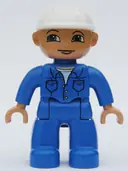Minifigurka: 47394PB041:  Duplo Figure Lego Ville, Male, Blue Legs, Blue Top with Pockets, White Construction Helmet, Green Eyes Looking Right
