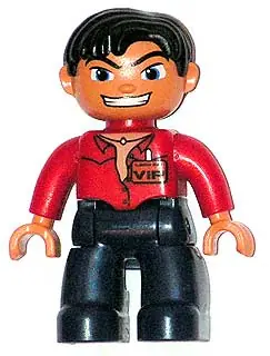 47394PB043:  Duplo Figure Lego Ville, Male, Dark Blue Legs, Red Top with Open Collar, Black Hair, VIP Badge