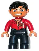 Minifigurka: 47394PB043:  Duplo Figure Lego Ville, Male, Dark Blue Legs, Red Top with Open Collar, Black Hair, VIP Badge