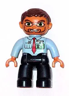 47394PB044:  Duplo Figure Lego Ville, Male, Dark Blue Legs, Light Blue Top with Red Tie and ID Badge, Reddish Brown Hair, Beard, Glasses