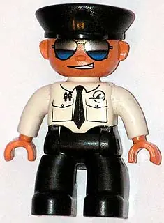 47394PB045:  Duplo Figure Lego Ville, Male Pilot, Black Legs, White Top with Airplane Logo and Black Tie, Police Hat, Sunglasses