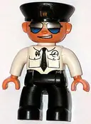 Minifigurka: 47394PB045:  Duplo Figure Lego Ville, Male Pilot, Black Legs, White Top with Airplane Logo and Black Tie, Police Hat, Sunglasses
